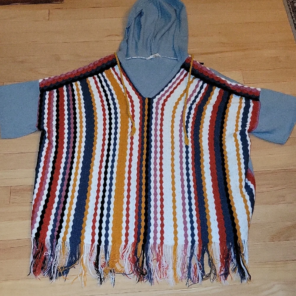 Gimmicks Womens Striped Fringed Hooded Poncho Sweater Blue Multi Size L PD123003